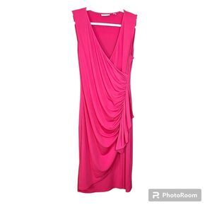 New York and Co Size Small Pink Faux Wrap Ruched Ruffled Dress Barbiecore